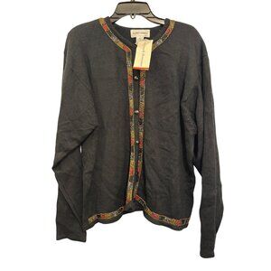Alfred Dunner Beaded Cardigan Sweater XL Black Wool Acrylic Button Front